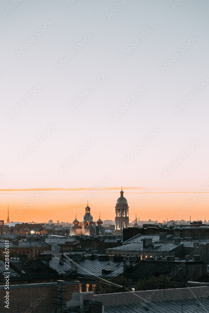 Naklejka premium Night view of the city from the roof. Panorama Of St. Petersburg. Architecture and streets