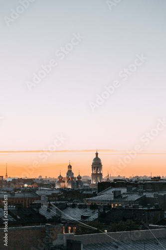 Night view of the city from the roof. Panorama Of St. Petersburg. Architecture and streets