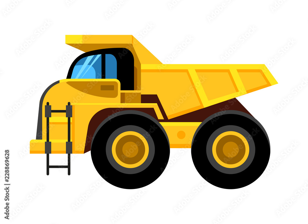 work yellow truck. big wheels construction vehicle dumper vector cartoon car isolated