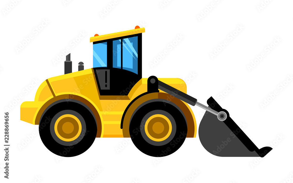 front end loader. Bulldozer construct machines yellow digger work vehicles vector car