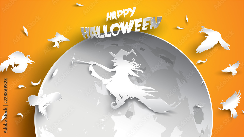 Naklejka premium Halloween background with witch, crow, moon and broomstick in paper art carving style. banner, poster, Flyer or invitation template party. Vector illustration.