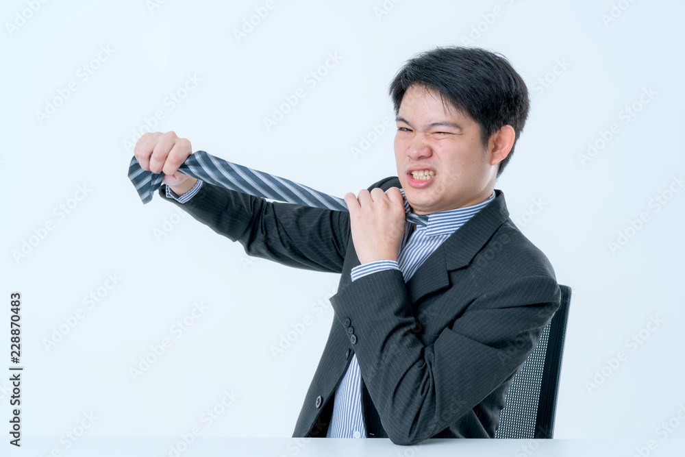 asian businessman try to solve big business problem hand pull necktie with emotion white background asian businessman try to solve big business problem hand pull necktie with emotion white background