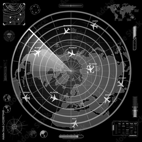 White military radar display with with planes traces and target sign on dark background