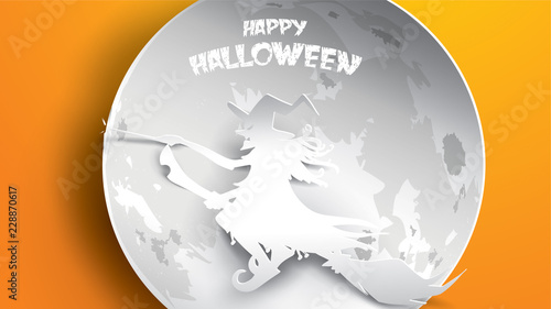 Halloween background with witch, crow, moon and broomstick in paper art carving style. banner, poster, Flyer or invitation template party. Vector illustration.