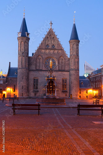 Riderzaal of Binnenhof facade - Dutch Parliamentat cortyard at night, The Hague, Holland
