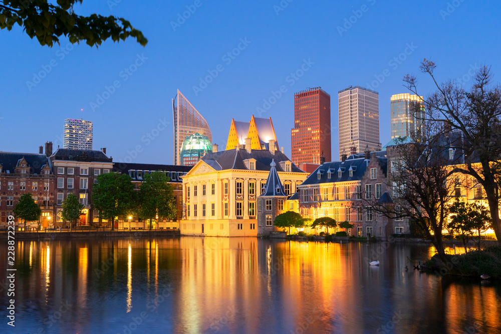 Mauritshuis illuminated and reflecting in pond at night, Netherlands