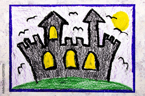Colorful hand drawing: Old scary castle at night. Halloween drawing on white background
