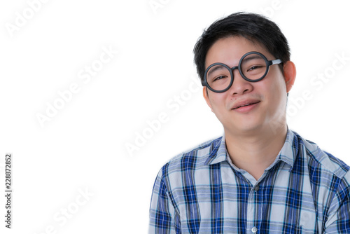 nerd asian glasses men hand touch black round glasses white background