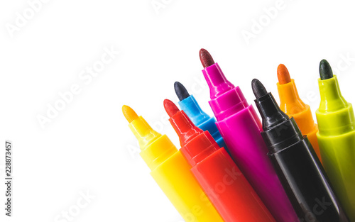 Colorful marker pen set on isolated background. Vivid highlighter and blank space for your design or montage. photo