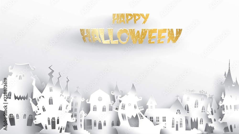 Halloween background with paper art carving style. banner, poster, Flyer or invitation template party. Vector illustration.