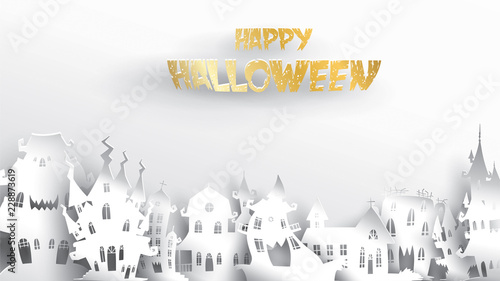 Halloween background with paper art carving style. banner  poster  Flyer or invitation template party. Vector illustration.