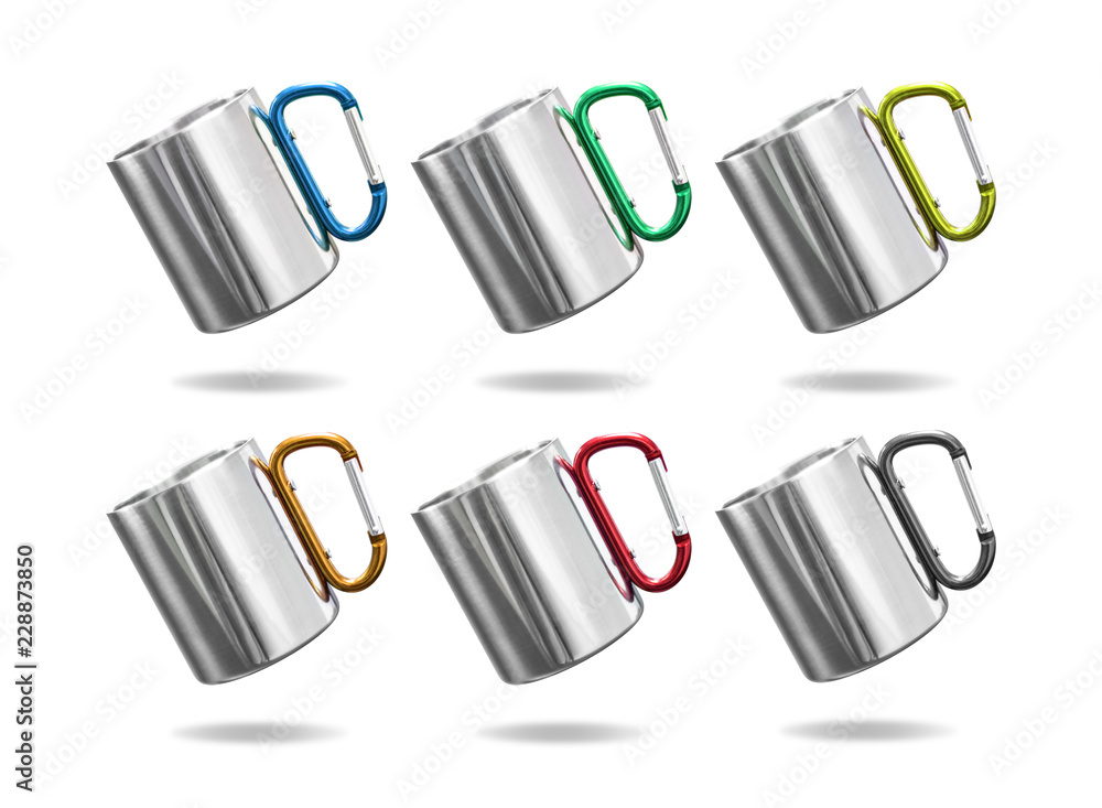Stainless mug on isolated background with clipping path. Tin cup and handle clip for your design. Stainless mug on isolated background with clipping path. Tin cup and handle clip for your design.