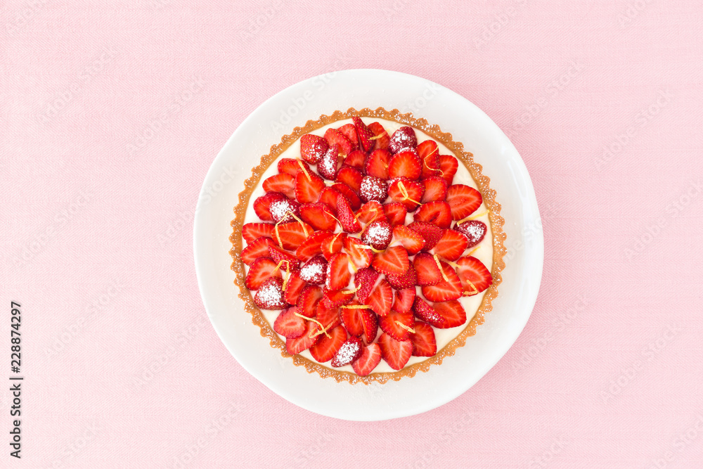 Strawberry Tart with Lemon Cream on Pink Background Strawberry Tart with Lemon Cream on Pink Background
