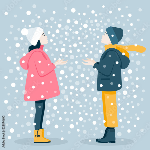 Boy and girl catch snowflakes. Winter Games. Christmas Holidays. Vector flat illustration