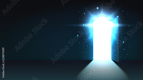 Light from the open door of a dark room, abstract mystical glowing exit, background, open door template, mock up