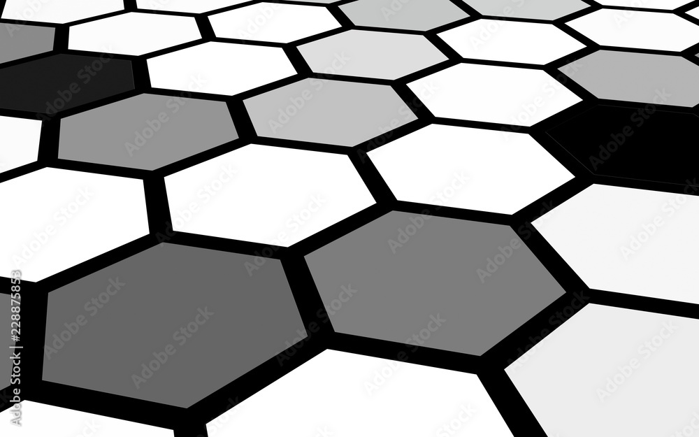 Black honeycomb with a gradient color. Perspective view on polygon look like honeycomb. Isometric geometry. 3D illustration Black honeycomb with a gradient color. Perspective view on polygon look like honeycomb. Isometric geometry. 3D illustration
