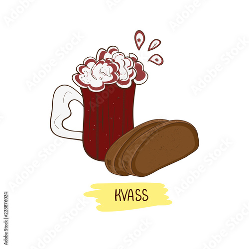 Kvass. Drink. Mug and bread. Can be used as a logo, emblem. Sketch, doodle