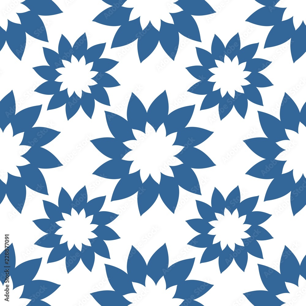 Seamless abstract floral pattern. Modern vector graphic. Blue and white background. Geometric leaf ornament