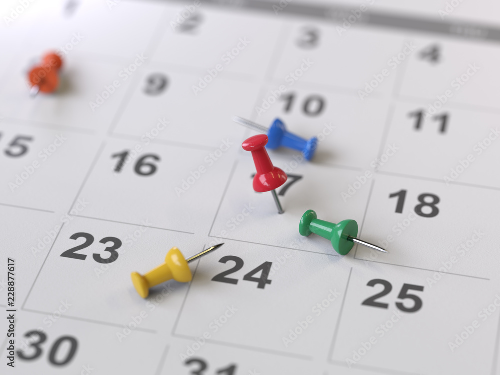 calendar page with drawing-pins,3d rendering,conceptual image. calendar page with drawing-pins,3d rendering,conceptual image.