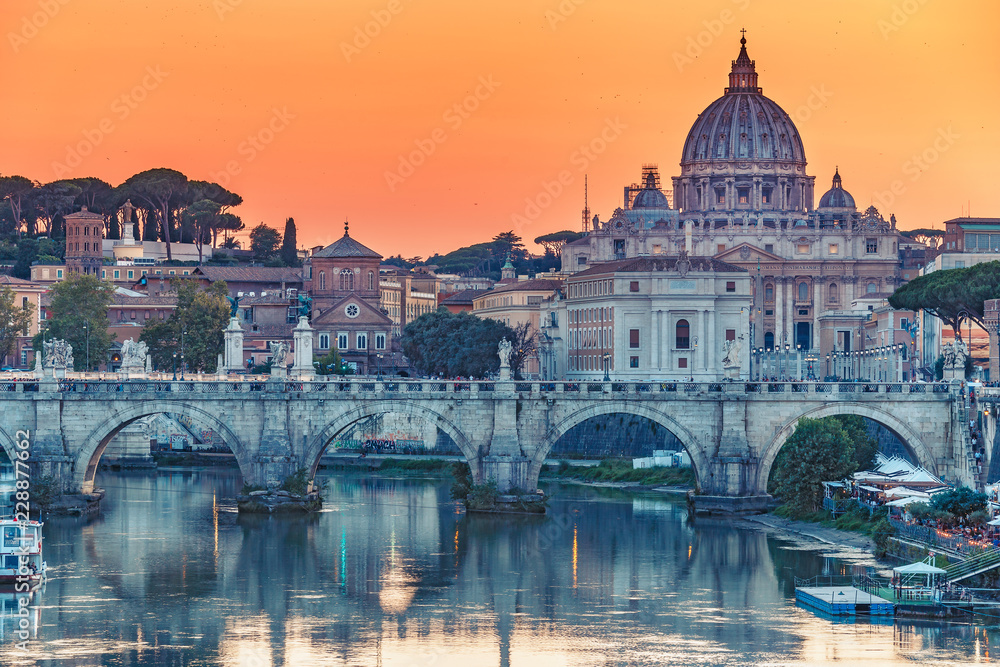 St. Peter's Basilica in Rome, Italy, at sunset. Scenic travel background. Scenic travel background.