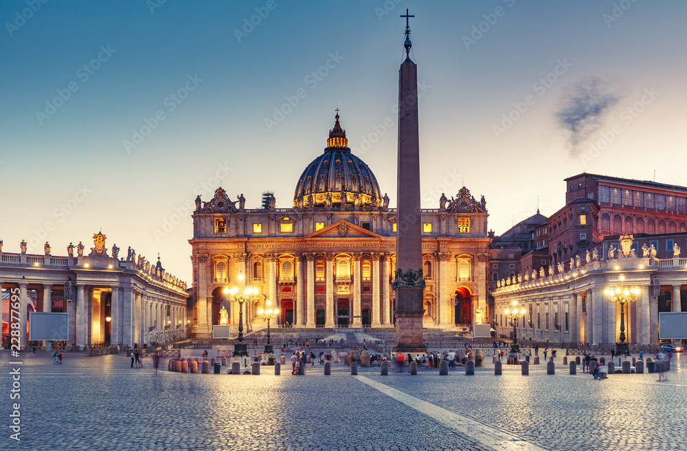 St. Peter's Basilica in Rome, Italy, at sunset. Stylized travel and architectural background. St. Peter's Basilica in Rome, Italy, at sunset. Stylized travel and architectural background.