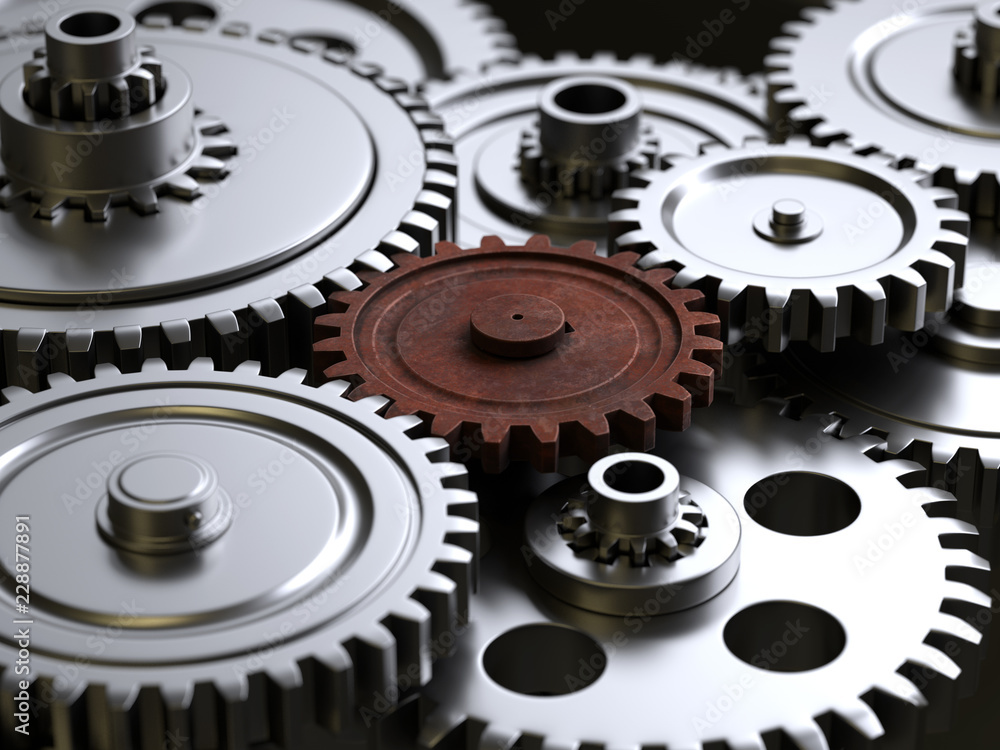 metallic gears and cogs,3d rendering,conceptual image.