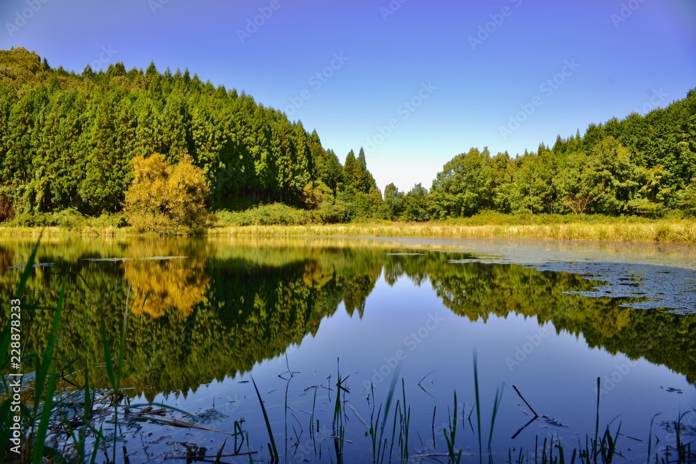 Fototapeta premium 日本の滝と湖と神社のある霊場