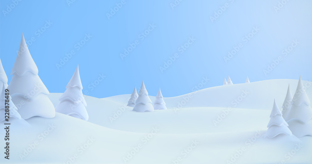 Winter landscape with snowdrifts and snowy fir trees.