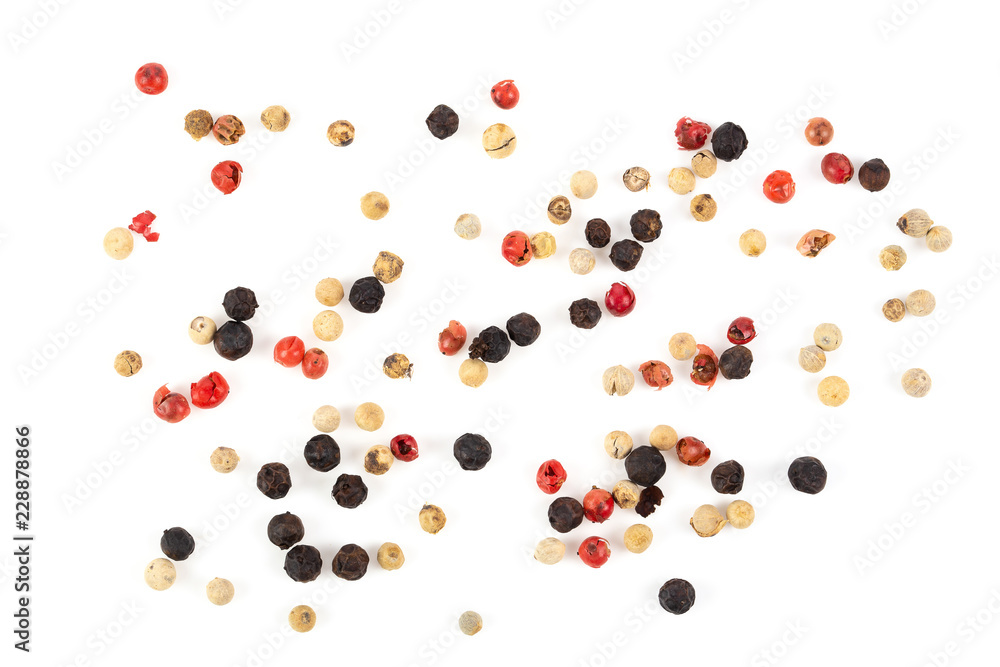Dry Trio colour peppercorn grinder isolated on white background. Top view Dry Trio colour peppercorn grinder isolated on white background. Top view