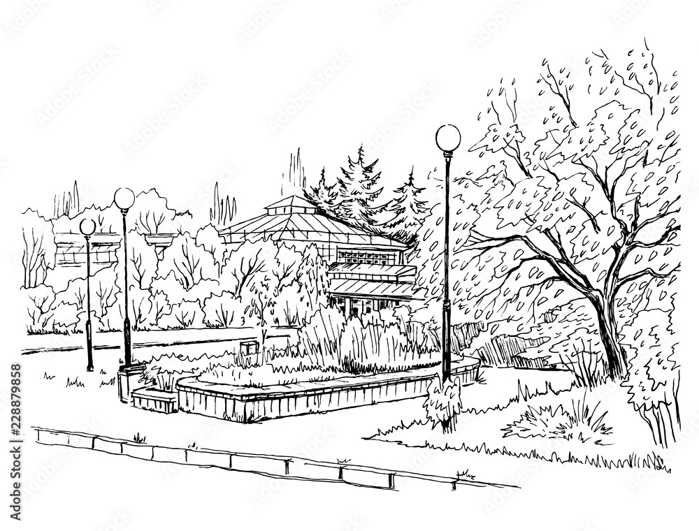 Orangery in the park, black and white vector illustration, landscape.