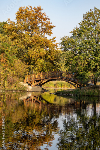 Wundervolle Herbstansicht mit Alleen,Teich ,Brücke und bunt gefärbten Bäumen und Blättern in Leipzig © 2199_de