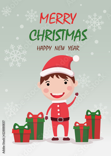 Merry Christmas and happy new year greeting card,banner with cute kids boy wear Christmas costume and gifts. Cartoon character vector.