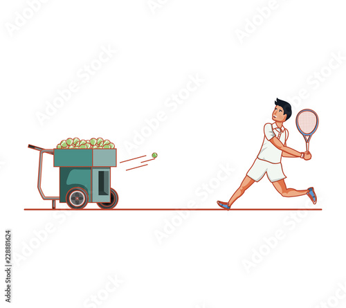 man tennis playing with ball throwing machine