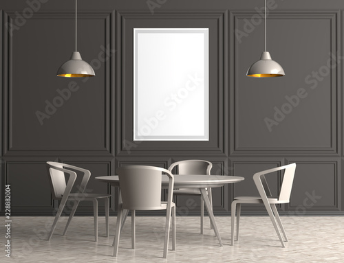Modern dining room with poster frame mock up. 3d illustration.
