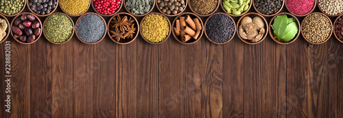 various spices and ingredients background. colorful seasonings, Indian food.