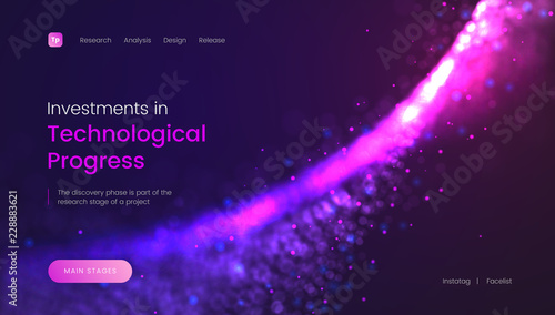 Abstract landing page template with a shiny purple particles background - Investments in Technological Progress, can be used for business, internet technology and web interface
