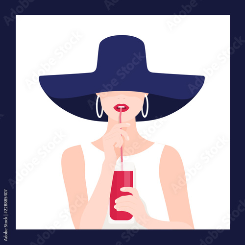 Portrait of a beautiful woman. A girl drinks juice through a straw. Rest at the resort. Vector Flat Illustration