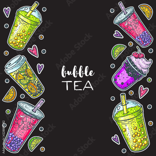 Bubble tea hand drawn illustration. Cocktail collection. Bubble tea vector illustration. Drink set. Design template.