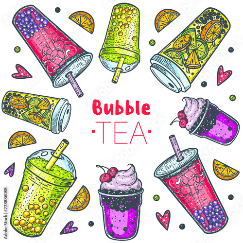 Bubble tea hand drawn illustration. Cocktail collection. Bubble tea vector illustration. Drink set. Design template.