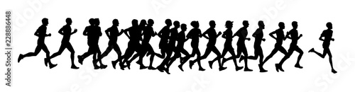 Group of marathon racers running. Marathon people vector silhouette illustration. Healthy lifestyle women and man. Traditional sport race. Urban runners on the street. Team building concept. 