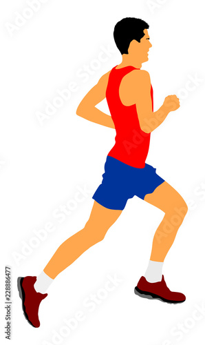 Marathon racer running. Exercise people vector illustration. Healthy lifestyle man. Sport race. Urban runner on the street. Healthcare concept. Jogging after stressful work day. Health young man.