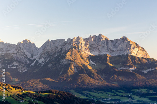Reith beim Kitzbuehel, Tirol/Austria - September 27 2018: Wilder Kaiser mountain during sunrise photo