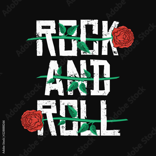 Rock and Roll t-shirt design. Red roses between typography. Vintage rock music style graphic for t-shirt print with grunge background