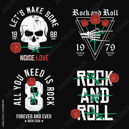 Set of Rock and Roll t-shirt design. Red roses, skull and skeleton hand. Vintage rock music style graphic for t-shirt print with slogan and grunge background