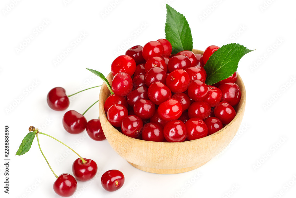 ripe juicy cherry berries with leaves in a plate ripe juicy cherry berries with leaves in a plate