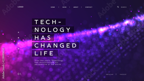 Abstract landing page template with a bright purple particles background - Technology has changed life  can be used for science  innovation technology and digital database interface
