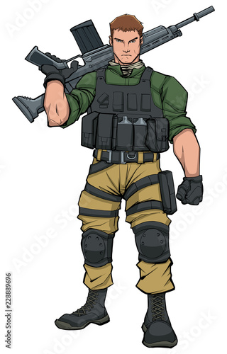 Full-length illustration of soldier standing tall, holding machine gun. 