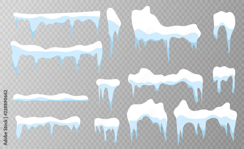 Set of snow icicles on transparent background. Snow elements on winter background. Vector illustration - obrazy, fototapety, plakaty 