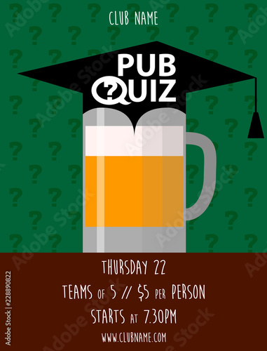 Pub quiz with beer cup. Quiz night announcement poster design web banner background vector illustration. Modern pub team game. Questions game