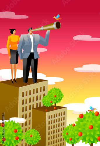Businessman standing on the roof of a building and looking through a telescope with a businesswoman beside him